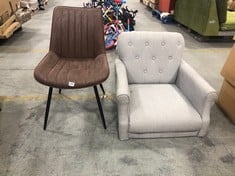 WINGBACK ARMCHAIR IN LIGHT GREY FABRIC (MISSING LEGS) TO INCLUDE DINING CHAIR IN DARK BROWN (ZONE 4)