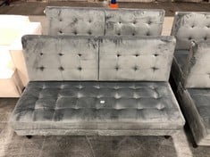 2 X CLIC CLAC SOFA BED IN GREY VELVET (MISSING ARMS) TO INCLUDE 2 X RATTAN GARDEN STOOLS (ZONE 7) (KERBSIDE PALLET DELIVERY)