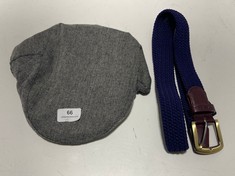 BARBOUR STRETCH WEBBING BELT BLUE TO INCLUDE TOM FRANKS TRADITIONAL FLAT CAP GREY