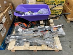 PALLET OF ASSORTED GARDENING ITEMS TO INCLUDE PURPLE WHEEL BARROW (KERBSIDE PALLET DELIVERY)