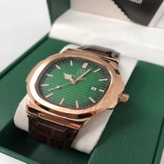 MENS FRANK SCHMIDT WATCH - LARGE GOLD DIAL - EMERALD GREEN DIAL - BROWN LEATHER STRAP - 3ATM WATER RESISTANT - GIFT BOX INCLUDED - EST £290: LOCATION - A