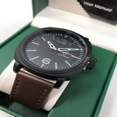 MENS FRANK SCHMIDT WATCH - LARGE BLACK CASE - SILVER PILOT DIAL - BROWN LEATHER STRAP - 3ATM WATER RESISTANT - GIFT BOX INCLUDED - EST £290: LOCATION - A