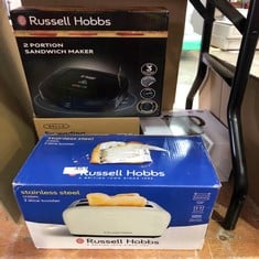 QUANTITY OF KITCHEN & APPLIANCES ITEMS TO INCLUDE RUSSELL HOBBS 2 SLICE LIFT & LOOK TOASTER (LONGER SLOTS, 6 BROWNING LEVELS, DEFROST/REHEAT/CANCEL FUNCTION, REMOVABLE CRUMB TRAY, 1670W, CREAM & STAI