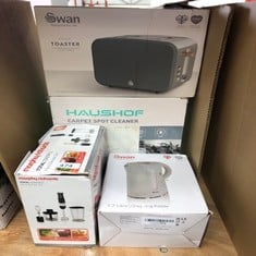 QUANTITY OF KITCHEN & APPLIANCES ITEMS TO INCLUDE SWAN ST14610GRYN NORDIC 2-SLICE TOASTER WITH DEFROST/REHEAT/CANCEL FUNCTIONS, CORD STORAGE, 900W, GREY: LOCATION - BACK TABLES