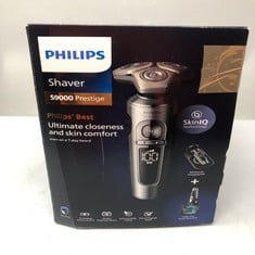 PHILIPS SHAVER SERIES 9000 PRESTIGE WET & DRY ELECTRIC SHAVER LIFT & CUT SHAVING SYSTEM SKIN IQ TECHNOLOGY, BEARD STYLER, NOSE TRIMMER, QI CHARGING PAD, MODEL SP9885/35 BRIGHT CHROME BRUSHED.: LOCATI