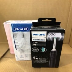 QUANTITY OF HEALTH & BEAUTY ITEMS TO INCLUDE PHILIPS SONICARE 3100 SERIES ELECTRIC TOOTHBRUSH, SONIC TOOTHBRUSH, PRESSURE SENSOR AND TIMER, BLACK, HX3671/14: LOCATION - BACK TABLES