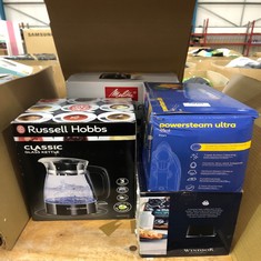 QUANTITY OF KITCHEN & APPLIANCES ITEMS TO INCLUDE RUSSELL HOBBS POWER STEAM ULTRA IRON, CERAMIC NON-STICK SOLEPLATE, 210G STEAM SHOT, 70G CONTINUOUS STEAM, 350ML WATER TANK, SELF-CLEAN, ANTI-CALC & A