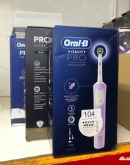 QUANTITY OF HEALTH & BEAUTY ITEMS TO INCLUDE ORAL-B VITALITY PRO ELECTRIC TOOTHBRUSHES FOR ADULTS,1 HANDLE, 2 TOOTHBRUSH HEADS, 3 BRUSHING MODES INCLUDING SENSITIVE PLUS, 2 PIN UK PLUG, PURPLE: LOCAT