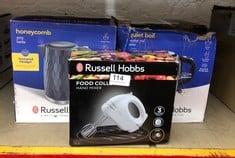 QUANTITY OF KITCHEN & APPLIANCES ITEMS TO INCLUDE RUSSELL HOBBS FOOD COLLECTION ELECTRIC HAND MIXER WITH 6 SPEEDS, EASY RELEASE BUTTON, FINGERTIP SPEED CONTROL, CHROME BEATERS, WRAP AROUND CORD STORA