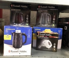 QUANTITY OF KITCHEN & APPLIANCES ITEMS TO INCLUDE RUSSELL HOBBS HONEYCOMB ELECTRIC 1.7L CORDLESS KETTLE (FAST BOIL 3KW, BLACK PREMIUM PLASTIC, MATT & HIGH GLOSS FINISH, REMOVABLE WASHABLE ANTI-SCALE