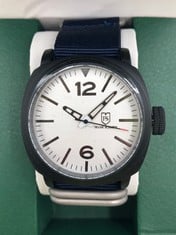 MENS FRANK SCHMIDT WATCH LARGE BLACK CASE WITH PILOT DIAL BLUE FABRIC STRAP 3ATM WATER RESISTANT GIFT BOX INCLUDED EST £290: LOCATION - TOP 50 RACK