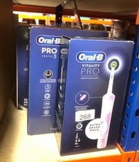 QUANTITY OF HEALTH & BEAUTY ITEMS TO INCLUDE ORAL-B VITALITY PRO ELECTRIC TOOTHBRUSHES FOR ADULTS,1 HANDLE, 2 TOOTHBRUSH HEADS, 3 BRUSHING MODES INCLUDING SENSITIVE PLUS, 2 PIN UK PLUG, PURPLE: LOCAT