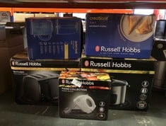 QUANTITY OF KITCHEN & APPLIANCES ITEMS TO INCLUDE RUSSELL HOBBS FOOD COLLECTION ELECTRIC HAND MIXER WITH 6 SPEEDS, EASY RELEASE BUTTON, FINGERTIP SPEED CONTROL, CHROME BEATERS, WRAP AROUND CORD STORA