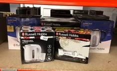 QUANTITY OF KITCHEN & APPLIANCES ITEMS TO INCLUDE RUSSELL HOBBS ELECTRIC 0.85L TRAVEL KETTLE, SMALL & COMPACT, DUAL VOLTAGE, IDEAL FOR ABROAD/CARAVAN/CAMPING, INC 2 CUPS & SPOONS, REMOVABLE WASHABLE