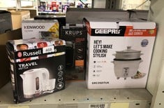 QUANTITY OF KITCHEN & APPLIANCES ITEMS TO INCLUDE RUSSELL HOBBS ELECTRIC 0.85L TRAVEL KETTLE, SMALL & COMPACT, DUAL VOLTAGE, IDEAL FOR ABROAD/CARAVAN/CAMPING, INC 2 CUPS & SPOONS, REMOVABLE WASHABLE