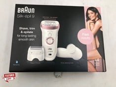 BRAUN SILK EPIL 9 EPILATOR HAIR REMOVAL, INCLUDES FACIAL CLEANSING BRUSH HIGH FREQUENCY MASSAGE CAP SHAVER AND TRIMMER HEAD, CORDLESS, WET & DRY, 100% WATERPROOF, UK 2 PIN PLUG, 9-880, WHITE/PINK.: L