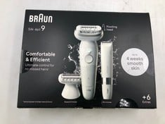 BRAUN SILK-ÉPIL 9, EPILATOR WITH PIVOTING HEAD FOR EASY HAIR REMOVAL, WET & DRY, LASTING SMOOTH SKIN, WITH LADY SHAVER HEAD & TRIMMER COMB, 9-441, WHITE/SILVER.: LOCATION - TOP 50 RACK