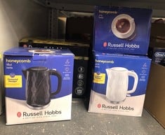 QUANTITY OF KITCHEN & APPLIANCES ITEMS TO INCLUDE RUSSELL HOBBS HONEYCOMB ELECTRIC 1.7L CORDLESS KETTLE (FAST BOIL 3KW, BLACK PREMIUM PLASTIC, MATT & HIGH GLOSS FINISH, REMOVABLE WASHABLE ANTI-SCALE