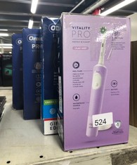 QUANTITY OF HEALTH & BEAUTY ITEMS TO INCLUDE ORAL-B VITALITY PRO ELECTRIC TOOTHBRUSHES FOR ADULTS,1 HANDLE, 2 TOOTHBRUSH HEADS, 3 BRUSHING MODES INCLUDING SENSITIVE PLUS, 2 PIN UK PLUG, PURPLE: LOCAT