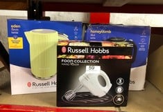 QUANTITY OF KITCHEN & APPLIANCES ITEMS TO INCLUDE RUSSELL HOBBS FOOD COLLECTION ELECTRIC HAND MIXER WITH 6 SPEEDS, EASY RELEASE BUTTON, FINGERTIP SPEED CONTROL, CHROME BEATERS, WRAP AROUND CORD STORA