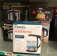 QUANTITY OF KITCHEN & APPLIANCES ITEMS TO INCLUDE COSORI ELECTRIC KETTLE GLASS, FAST BOIL QUIET, 3000W 1.5L WITH BLUE LED, STAINLESS STEEL FILTER, BOIL-DRY PROTECTION, BLACK, BPA FREE: LOCATION - E R