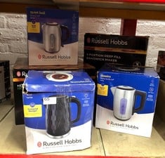 QUANTITY OF KITCHEN & APPLIANCES ITEMS TO INCLUDE RUSSELL HOBBS HONEYCOMB ELECTRIC 1.7L CORDLESS KETTLE (FAST BOIL 3KW, BLACK PREMIUM PLASTIC, MATT & HIGH GLOSS FINISH, REMOVABLE WASHABLE ANTI-SCALE