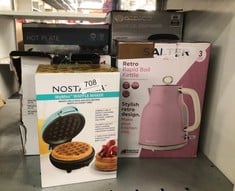 QUANTITY OF KITCHEN & APPLIANCES ITEMS TO INCLUDE NOSTALGIA MWF5AQ MY MINI PERSONAL ELECTRIC WAFFLE MAKER, HASH BROWNS, FRENCH TOAST GRILLED CHEESE, QUESADILLA, BROWNIES, COOKIES, AQUA: LOCATION - F