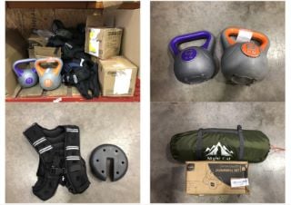 QUANTITY OF ASSORTED SPORTS ITEMS TO INCLUDE 8KG KETTLEBELL: LOCATION - LEFT RACK(COLLECTION OR OPTIONAL DELIVERY AVAILABLE)