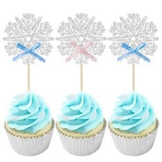 QUANTITY OF  24PCS SNOWFLAKE CUPCAKE TOPPERS GLITTER SNOWFLAKE CUPCAKE PICKS FROZEN PINK BLUE BOW SNOWFLAKE GENDER REVEAL CAKE DECORS BABY SHOWER GENDER REVEAL WINTER THEME CHRISTMAS PARTY CAKE DECOR