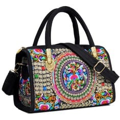 8 X ABUYALL EMBROIDERY ETHNIC TOP HANDLE HANDBAG CANVAS PILLOW SHAPE SHOULDER BAG BLACK - TOTAL RRP £147: LOCATION - B RACK