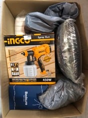 QUANTITY OF ASSORTED ITEMS TO INCLUDE INGCO CORDED PAINT SPRAYER 450W 400ML/MIN, FENCE PAINT SPRAYER 800 ML DETACHABLE CONTAINER, HVLP SPRAY GUN WITH 3 PURE COPPER NOZZLE(1.5+2.0+2.5) SPG3508-4: LOCA