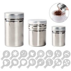 18 X STAINLESS STEEL POWDER SHAKER?3 PCS PRINTING MOLDS DECORATING STENCILS WITH FINE-MESH LID?FOR ICING SUGAR POWDER COCOA CAPPUCCINO SALT PEPPER CAN - TOTAL RRP £189: LOCATION - D RACK