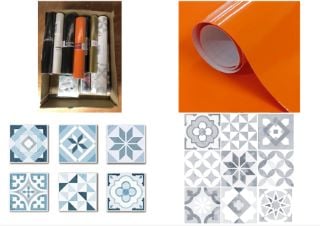 QUANTITY OF ASSORTED ITEMS TO INCLUDE GLOSS ADHESIVE VINYL 12X47 IN. FOR FURNITURE KITCHEN WALLS WINDOWS CRAFTS DECORATIVE STICKY WALLPAPER 30X120CM (ORANGE): LOCATION - A RACK