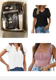 QUANTITY OF ASSORTED ITEMS TO INCLUDE BOKEPDO WOMENS SUMMER TOPS V NECK T SHIRTS SWISS DOT PUFF SLEEVE TOPS LOOSE CASUAL T SHIRTS ELEGANT SOLID COLOR LOOSE FIT CASUAL BLOUSE TOP BASIC SHIRTS (BLACK X