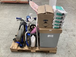 A PALLET OF ITEMS TO INCLUDE A FILE CABINET, A KIDS CYCLE CARRIER AND SACKS OF SINAT COVE ADHESIVE