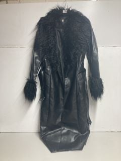 DESIGNER LONG FAUX LEATHER AND FUR JACKET IN BLACK