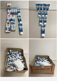 A BOX OF VARIOUS MEDICAL SUPPLIES TO INCLUDE ORAL B TOOTHPASTE