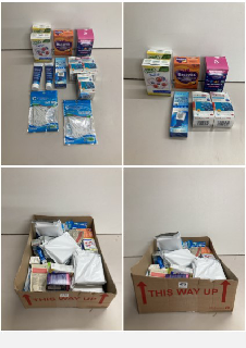 A BOX OF VARIOUS MEDICAL SUPPLIES TO INCLUDE ORAL B TOOTHPASTE