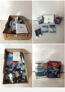 A BOX OF VARIOUS MEDICAL SUPPLIES TO INCLUDE UNFLAVOURED TOOTHPASTE