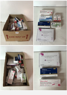 A BOX OF VARIOUS MEDICAL SUPPLIES TO INCLUDE COVID TESTING KITS