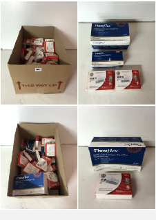 A BOX OF VARIOUS MEDICAL SUPPLIES TO INCLUDE COVID TESTING KITS