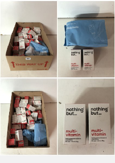 A BOX OF VARIOUS MEDICAL SUPPLIES TO INCLUDE MULTIVITAMIN SUPPLEMENTS