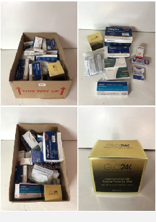 A BOX OF VARIOUS MEDICAL SUPPLIES TO INCLUDE COVID TESTING KITS