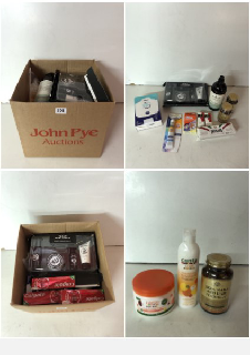 BOX OF HEALTH AND BEAUTY ITEMS TO INCLUDE COLGATE TOOTHPASTE