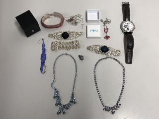 BOX OF VINTAGE COSTUME JEWELLERY WITH 1 X HUGO BOSS WATCH