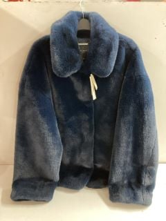 WOMENS RIVER ISLAND FUR COAT IN NAVY SIZE - UK 4