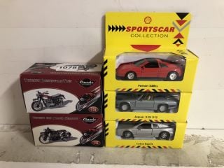 5 X VINTAGE COLLECTABLE METAL CARS TO INCLUDE SHELL SPORTSCAR COLLECTION FERRARI 348TS