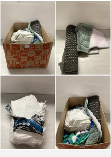 BOX OF ITEMS TO INCLUDE SMALL HOUSE RUG IN BLACK