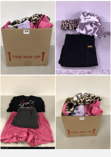 BOX OF CLOTHING IN VARIOUS SIZES & DESIGNS TO INCLUDE DKNY COLLAR ROBE