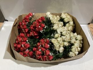 QTY OF RED/WHITE PLASTIC GLITTER ROSES